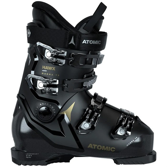 Atomic Hawx Magna 75 women's ski boots (black/gold) available at Mad Dog's Ski & Board in Abbotsford, BC.
