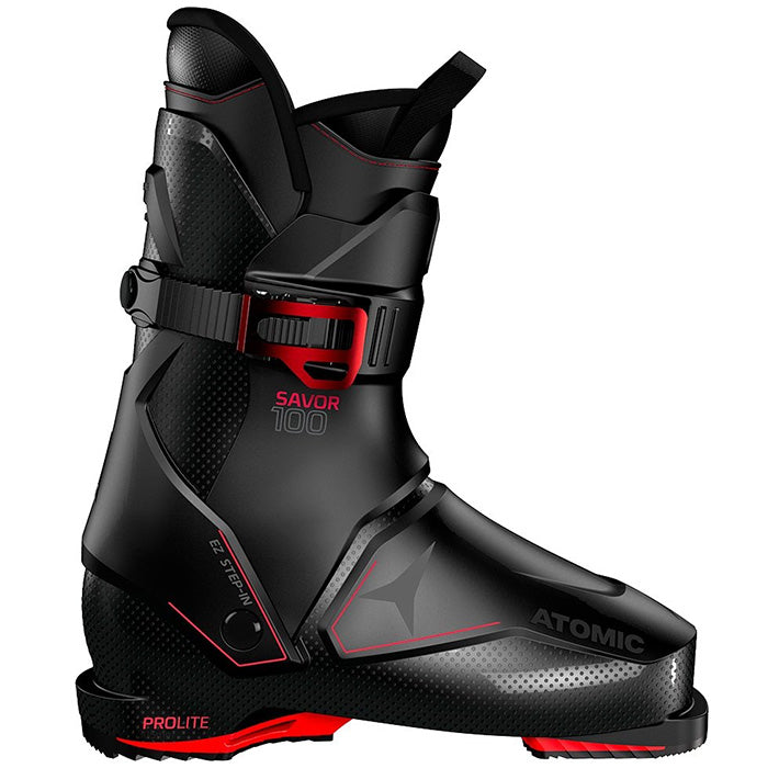 Atomic Savor 100 ski boots (black/red) available at Mad Dog's Ski & Board in Abbotsford, BC.