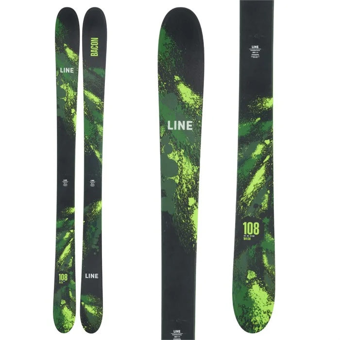 Line Bacon 108 skis (top graphic, green) available at Mad Dog's Ski & Board in Abbotsford, BC.