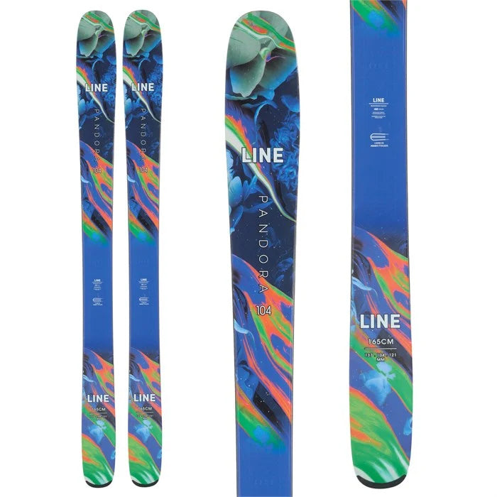 Line Pandora 104 women's skis (top graphic, blue) available at Mad Dog's Ski & Board in Abbotsford, BC.