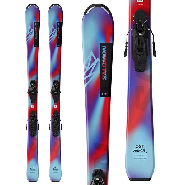 2025 Salomon QST Jr M Skis + L6 GW Bindings (red, purple, blue) available at Mad Dog's Ski & Board in Abbotsford, BC.