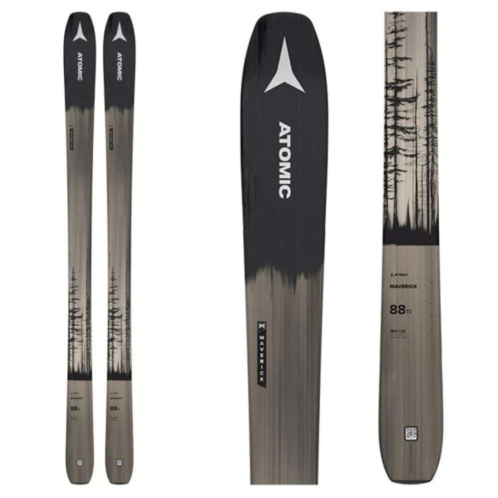 Atomic Maverick 88 Ti skis (top graphic)  available at Mad Dog's Ski & Board in Abbotsford, BC