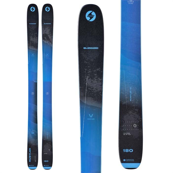 The Rustler 10 skis (top graphic, blue) available at Mad Dog's Ski & Board in Abbotsford, BC.