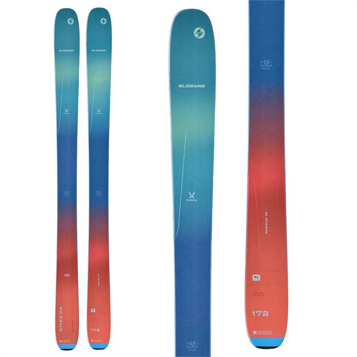2023 Blizzard Sheeva 10 women's skis (top graphic, multi coloured) available at Mad Dog's Ski & Board in Abbotsford, BC.