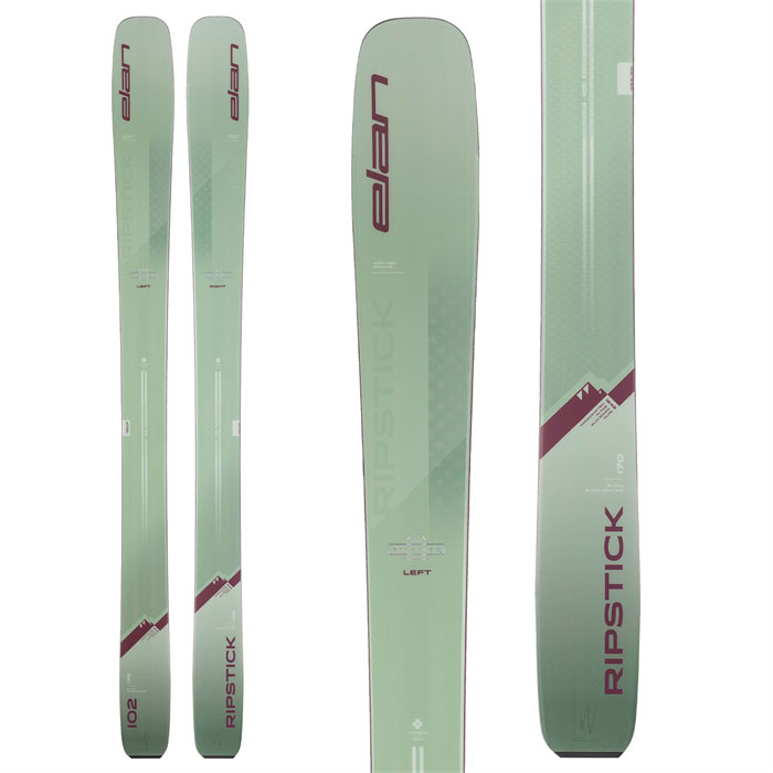 2023 Elan Ripstick 102 women's skis (top graphic) available at Mad Dog's Ski & Board in Abbotsford, BC.