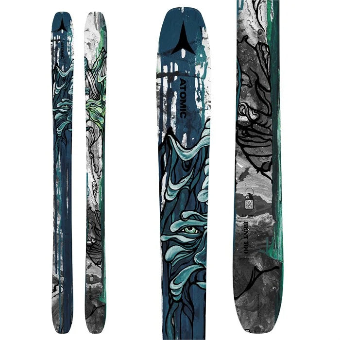 Atomic Bent 100 skis (top graphic) available at Mad Dog's Ski & Board in Abbotsford, BC.