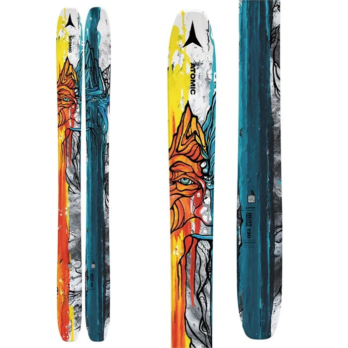 Atomic Bent Chetler 120 skis (top graphic, blue, yellow) available at Mad Dog's Ski & Board in Abbotsford, BC.