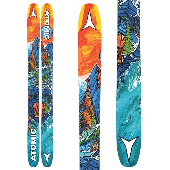 Atomic Bent Chetler 120 skis (base graphic, blue, yellow, orange) available at Mad Dog's Ski & Board in Abbotsford, BC.