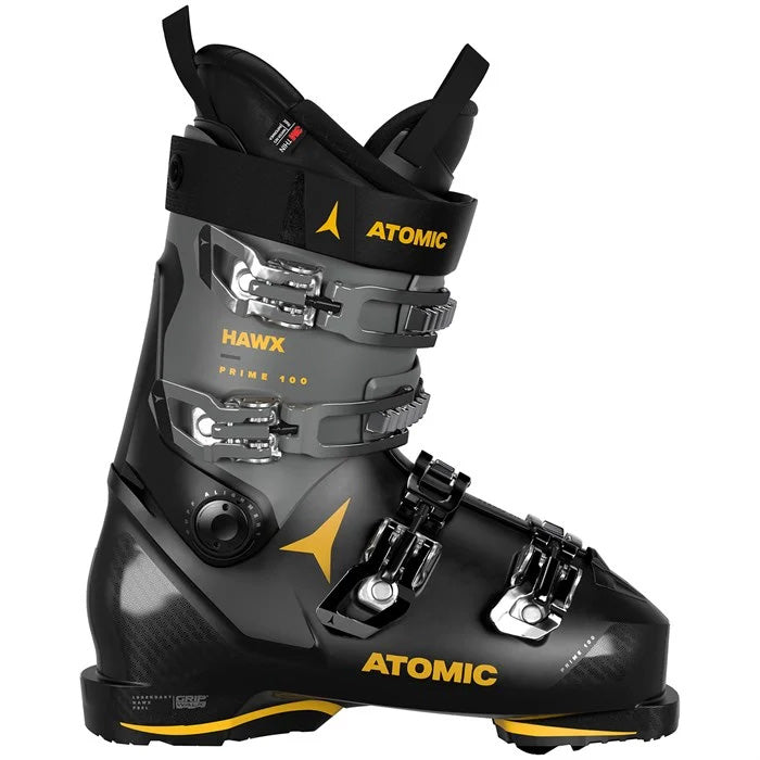 Atomic Hawx Prime 100 GW ski boots (black, grey, saffron) available at Mad Dog's Ski & Board in Abbotsford, BC.