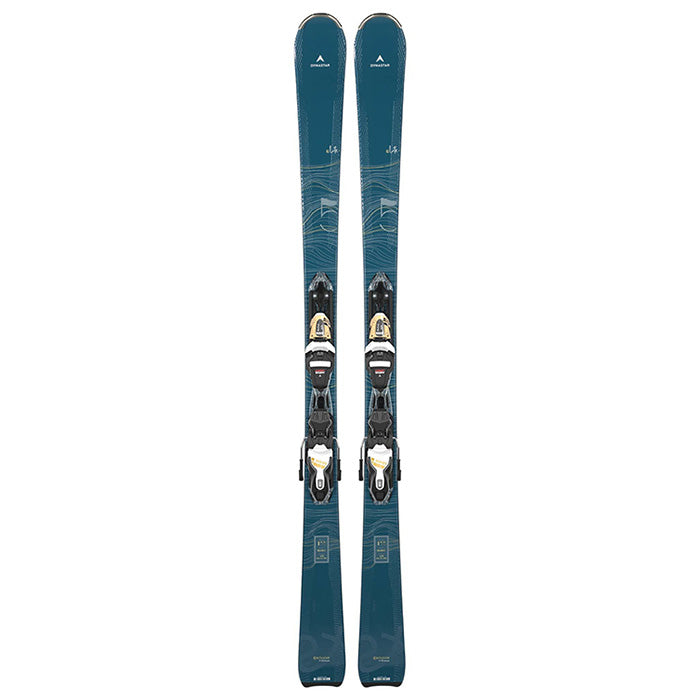 Dynastar E Lite 5 women's skis w. Look XP 11 bindings (blue, top graphic) available at Mad Dog's Ski & Board in Abbotsford, BC.