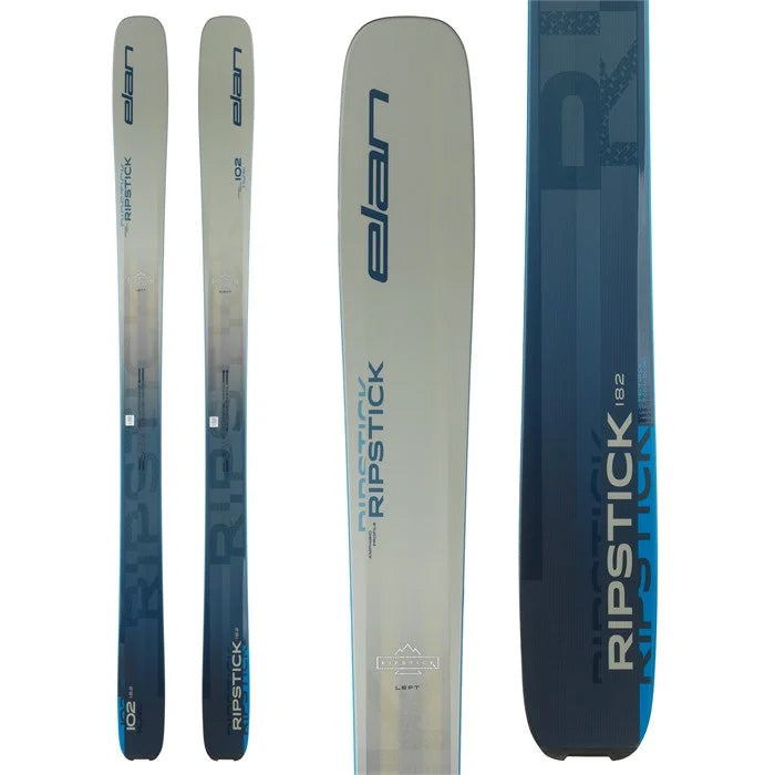 2025 Elan Ripstick 102 skis (blue top sheet) available at Mad Dog's Ski & Board in Abbotsford, BC.