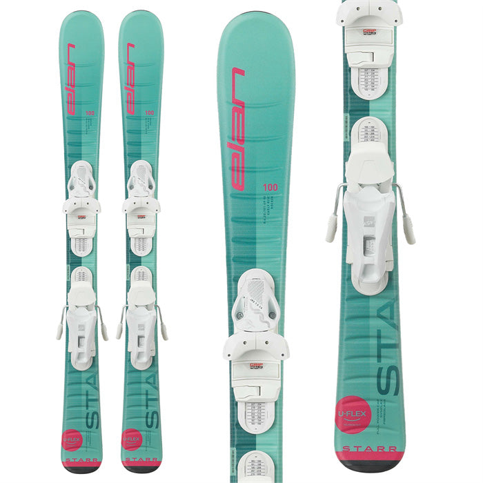 Elan Starr junior skis w. Elan Shift 4.5 bindings (green/pink) available at Mad Dog's Ski & Board in Abbotsford, BC.