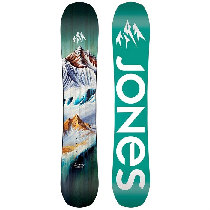 2024 Jones Dream Weaver women's snowboard (top and base graphic, green) available at Mad Dog's Ski & Board in Abbotsford, BC.