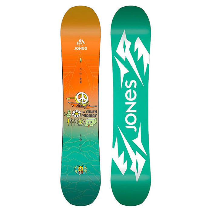 2025 Jones Prodigy youth snowboard (orange, green) available at Mad Dog's Ski & Board in Abbotsford, BC.