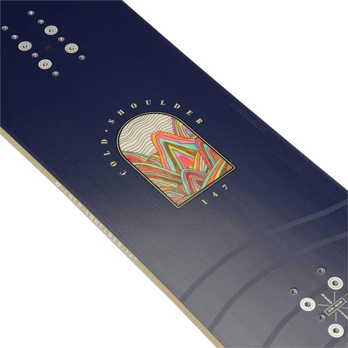 2024 K2 Cold Shoulder women's snowboard (top graphic, close up) available at Mad Dog's Ski & Board in Abbotsford, BC.