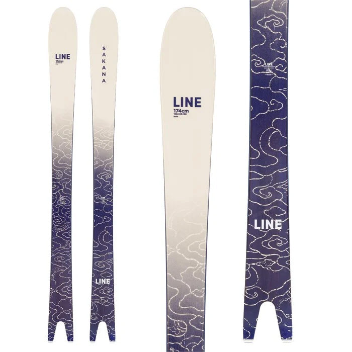 Line Sakana skis (top graphic) available at Mad Dog's Ski & Board in Abbotsford, BC.