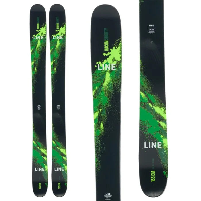 Line Bacon Shorty junior skis (top graphic, green) available at Mad Dog's Ski & Board in Abbotsford, BC.