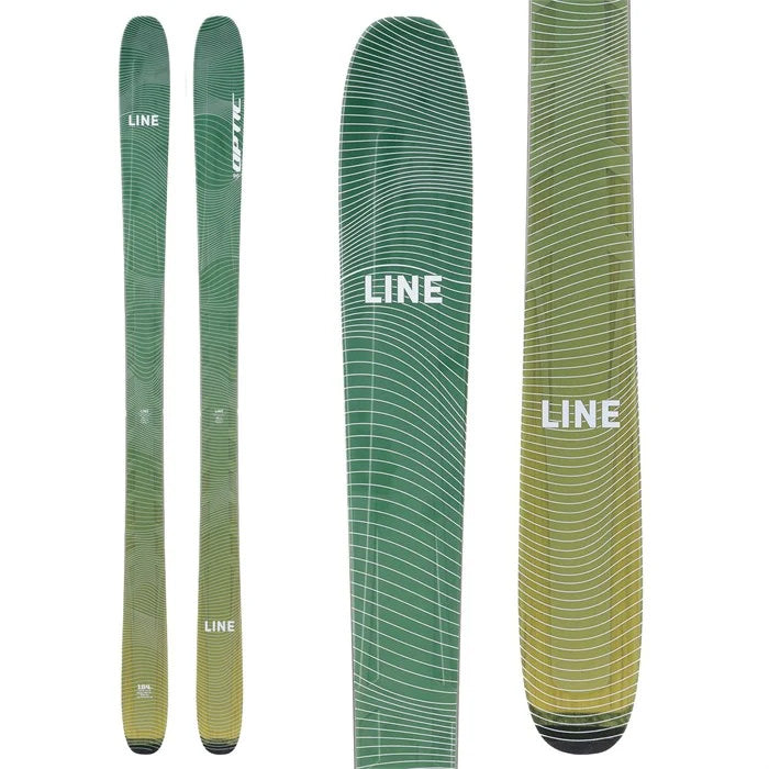 2025 Line Blade Optic 96 skis (green top sheet) available at Mad Dog's Ski & Board in Abbotsford, BC.