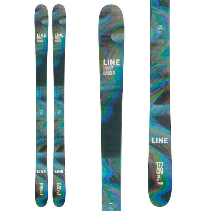 Line Honey Badger skis (top graphic) available at Mad Dog's Ski & Board in Abbotsford, BC.