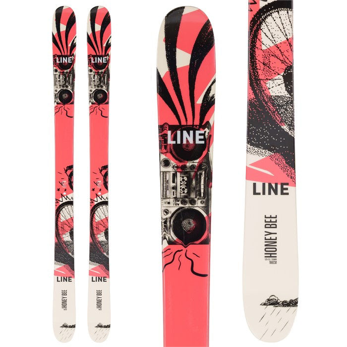 Line Honey Bee skis (top graphic, red) available at Mad Dog's Ski & Board in Abbotsford, BC.