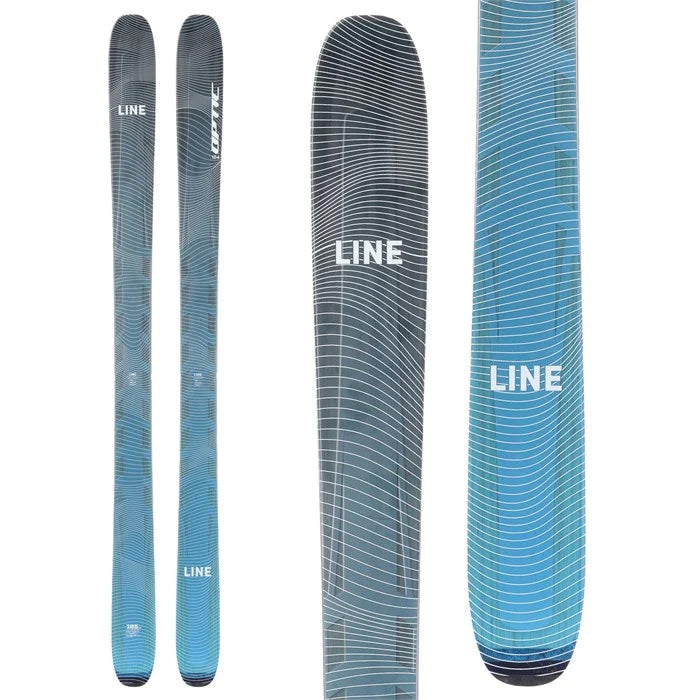 2025 Line Optic 104 skis (blue top sheet) available at Mad Dog's Ski & Board in Abbotsford, BC.