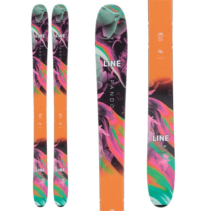 Line Pandora 110 women's skis (top graphic) available at Mad Dog's Ski & Board in Abbotsford, BC.