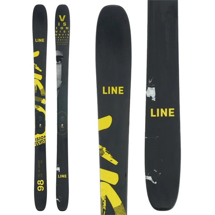 2024 Line Vision 98 skis (black, yellow) available at Mad Dog's Ski & Board in Abbotsford, BC.