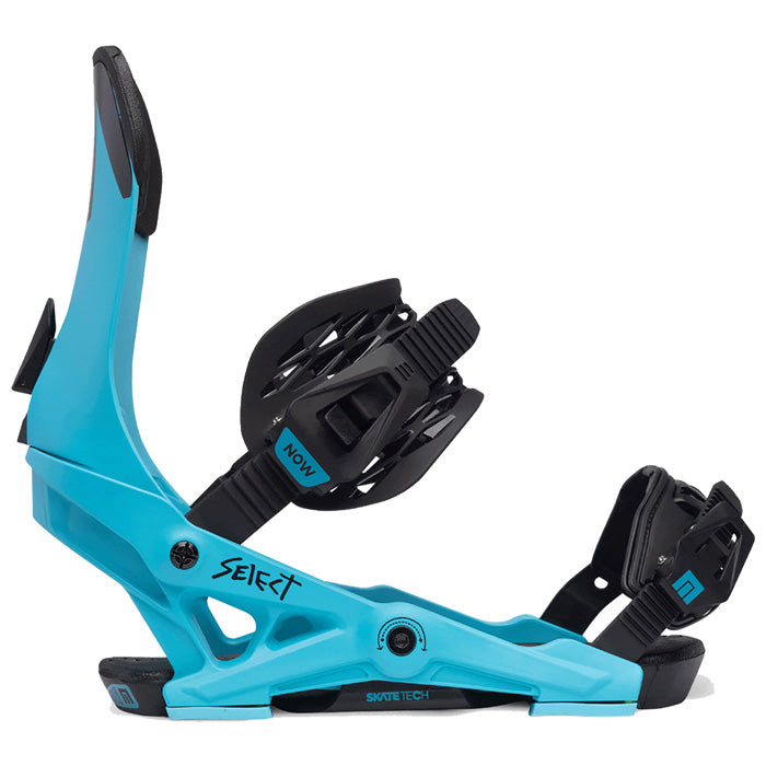 2024 NOW Select snowboard bindings (bright blue) available at Mad Dog's Ski & Board in Abbotsford, BC.