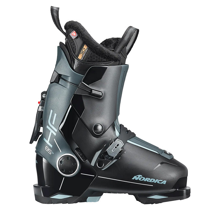 2025 Nordica HF 85 women's ski boots (black, green, aquamarine) available at Mad Dog's Ski & Board in Abbotsford, BC.