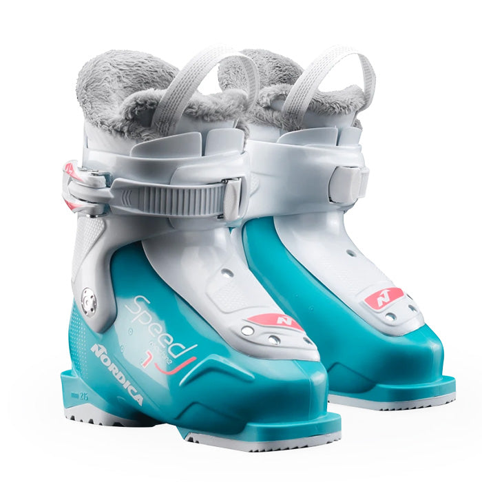 Nordica Speedmachine J1 junior/youth ski boots girl (light blue/white/pink) available at Mad Dog's Ski & Board in Abbotsford, BC.