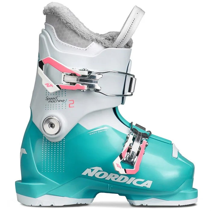 Nordica Speedmachine J2 junior/youth ski boots (light blue/white/pink) available at Mad Dog's Ski & Board in Abbotsford, BC.