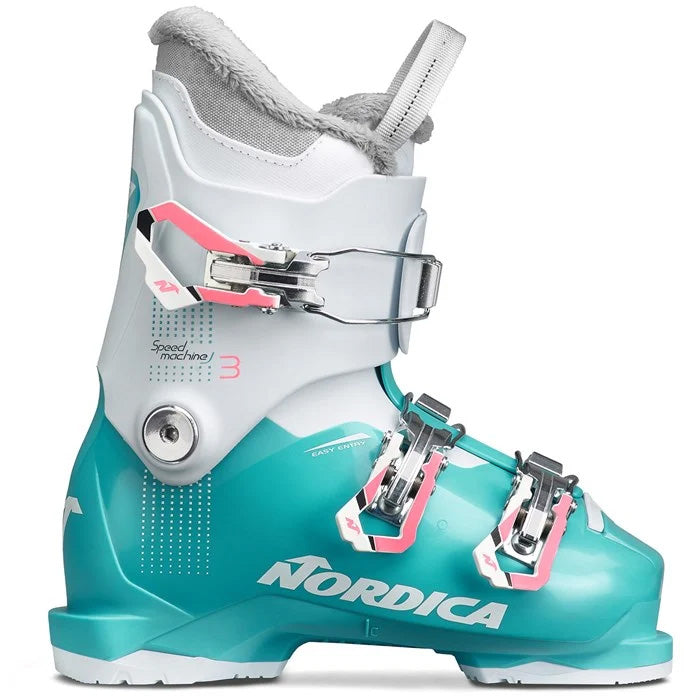Nordica Speedmachine J3 junior/youth ski boots (light blue/white/pink) available at Mad Dog's Ski & Board in Abbotsford, BC.