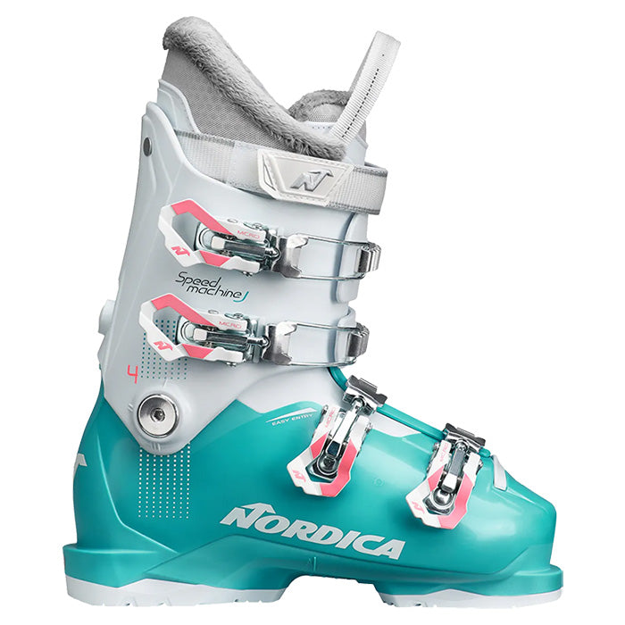 Nordica Speedmachine J4 junior/youth ski boots girl (light blue/white/pink) available at Mad Dog's Ski & Board in Abbotsford, BC.