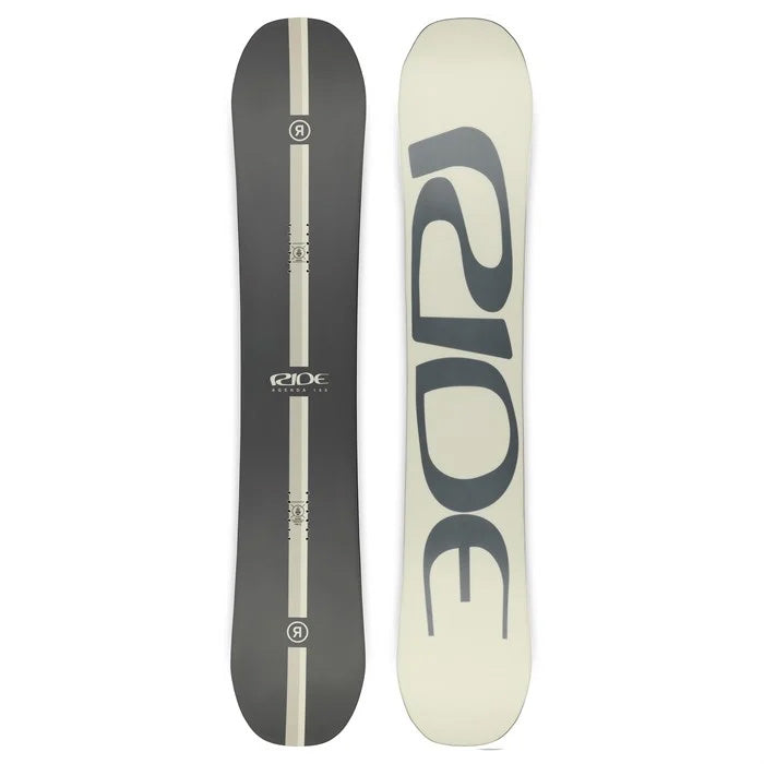 2025 Ride Agenda snowboard (grey top sheet, white base) available at Mad Dog's Ski & Board in Abbotsford, BC.