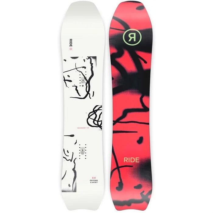 2024 Ride Psychocandy snowboard (white top, red base) available at Mad Dog's Ski & Board in Abbotsford, BC.