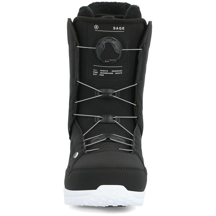 Ride Sage women's snowboard boots (black, front view) available at Mad Dog's Ski & Board in Abbotsford, BC