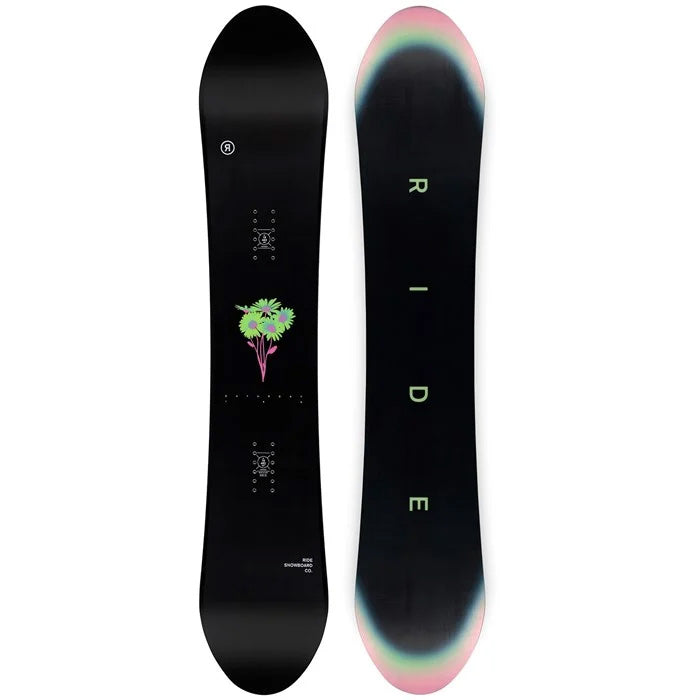 2024 Ride Saturday women's snowboard (top and base graphics, black, flowers) available at Mad Dog's Ski & Board in Abbotsford, BC.