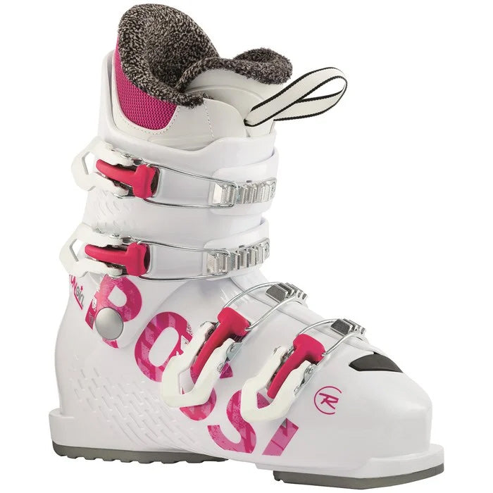 Rossignol Fun Girl 4 junior/youth ski boots (white/pink) available at Mad Dog's Ski & Board in Abbotsford, BC.