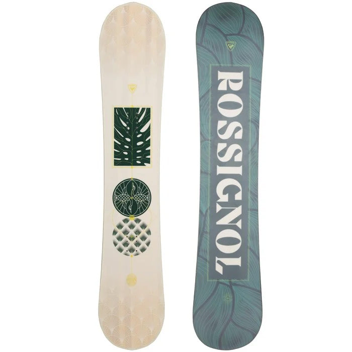 2024 Rossignol Soulside women's snowboard (top and base graphic, leaves/birds) available at Mad Dog's Ski & Board in Abbotsford, BC.