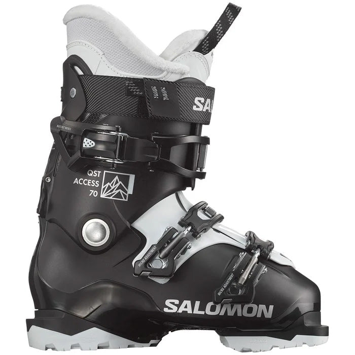 2025 Salomon QST Access 70 women's ski boots (Black / White / Beluga colour way) available at Mad Dog's Ski & Board in Abbotsford, BC.