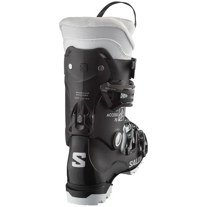 2025 Salomon QST Access 70 women's ski boots (Black / White / Beluga colour way) available at Mad Dog's Ski & Board in Abbotsford, BC.