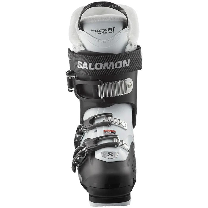 2025 Salomon QST Access 70 women's ski boots (Black / White / Beluga colour way) available at Mad Dog's Ski & Board in Abbotsford, BC.