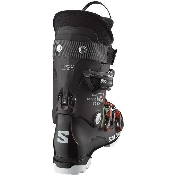 2025 Salomon QST Access 80 GW ski boots (Black / Oil Green / Beluga colour way) available at Mad Dog's Ski & Board in Abbotsford, BC.