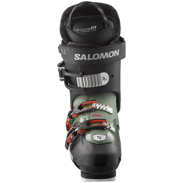 2025 Salomon QST Access 80 GW ski boots (Black / Oil Green / Beluga colour way) available at Mad Dog's Ski & Board in Abbotsford, BC.