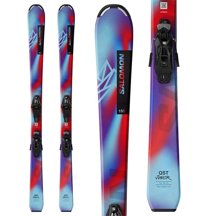 2025 Salomon QST Junior S Skis ​+ C5 GW Bindings (blue, red) available at Mad Dog's Ski & Board in Abbotsford, BC.