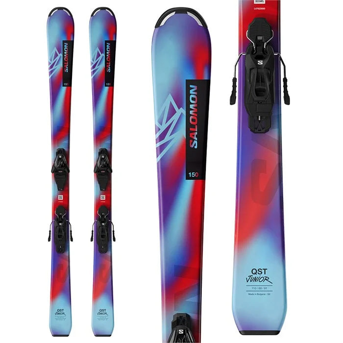 2025 Salomon QST Jr M Skis ​+ L6 GW Bindings (red, purple, blue) available at Mad Dog's Ski & Board in Abbotsford, BC.