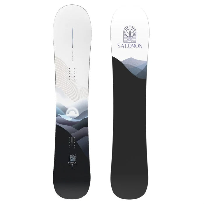 2025 Salomon Bellevue snowboard (white, black graphics) available at Mad Dog's Ski & Board in Abbotsford, BC.