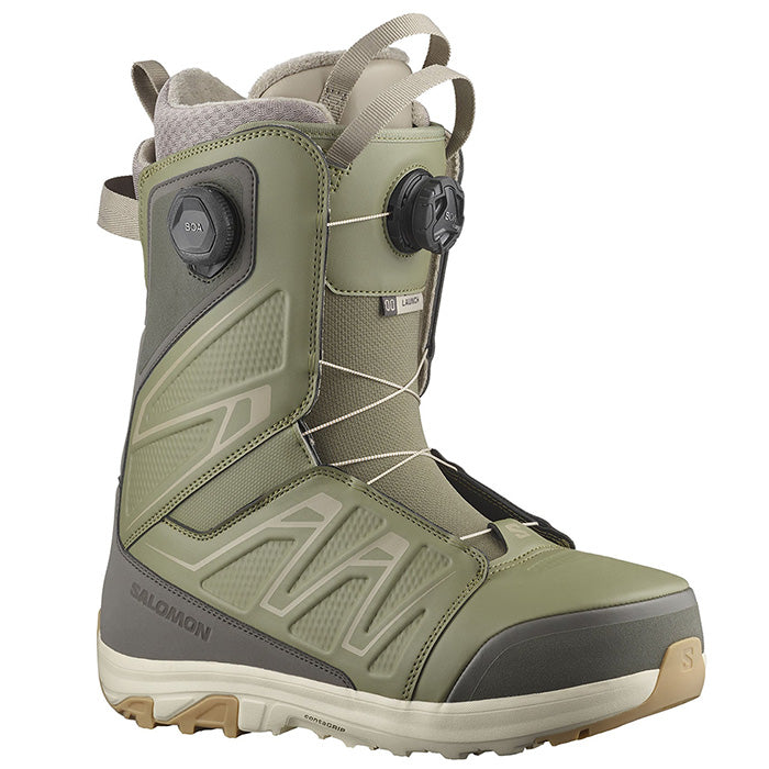 2025 Salomon Launch BOA SJ snowboard boots (Deep Lichen Green / Beluga / Vintage Khaki) available at Mad Dog's Ski & Board in Abbotsford, BC.