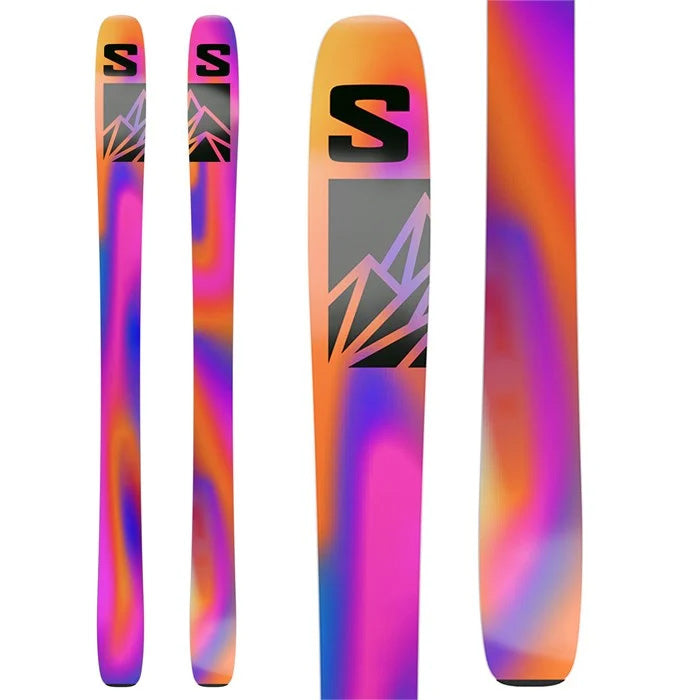 2025 Salomon QST 106 unisex skis (pink, purple, orange base) available at Mad Dog's Ski & Board in Abbotsford, BC.