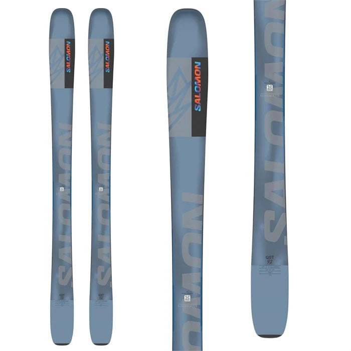 Salomon QST 92 skis (top blue graphic) available at Mad Dog's Ski & Board in Abbotsford, BC.